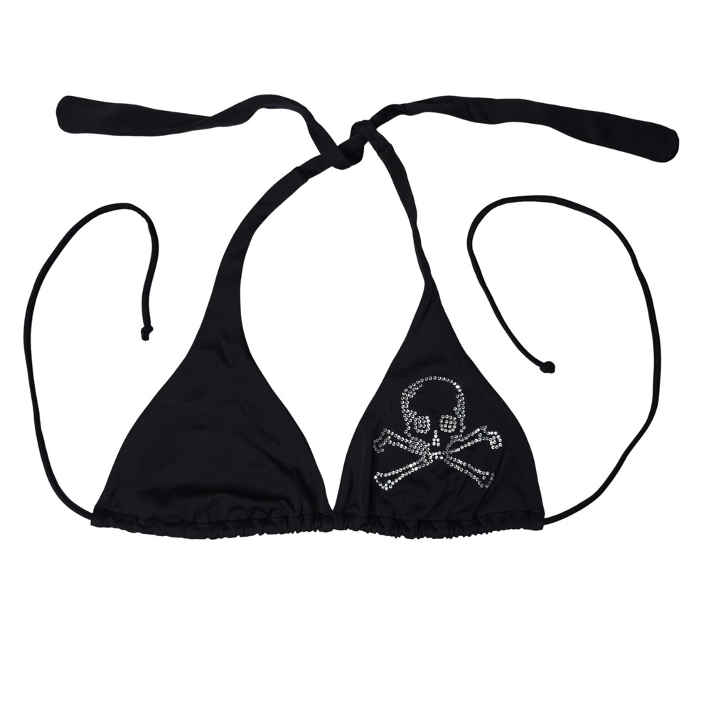 Victoria's Secret Bikini Top Womens M Black Rhinestone Skull Triangle Halter